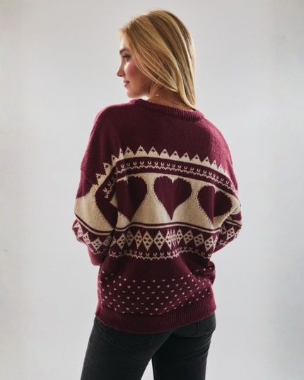 Heart Fair Isle Knit Sweater – Cozy Crewneck Pullover