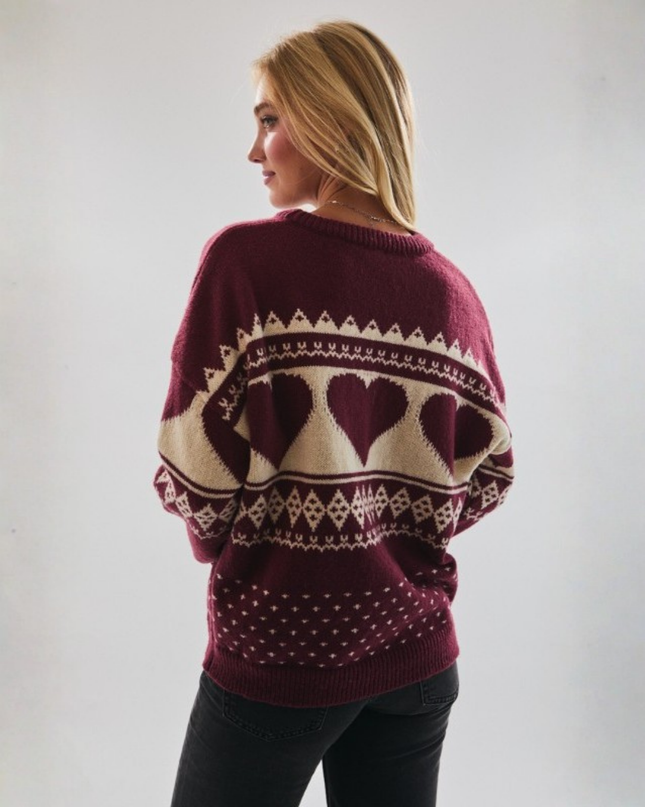Heart Fair Isle Knit Sweater – Cozy Crewneck Pullover