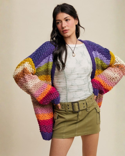 Rainbow Hand-Crochet Chunky Knit Cardigan
