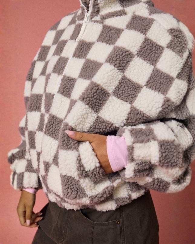 Oversized Checkerboard Sherpa Jacket – Cozy Zip Up Fleece