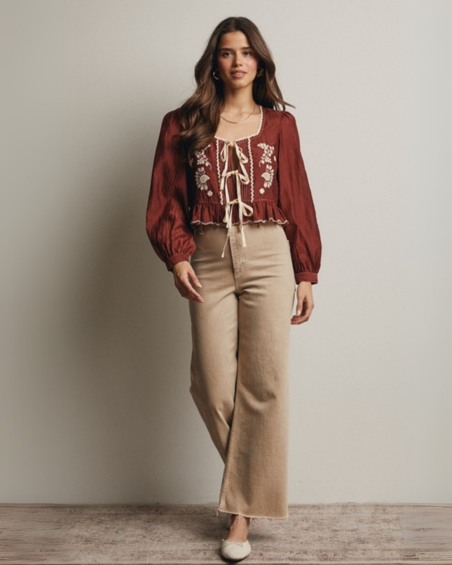 Embroidered Tie-Front Peplum Blouse with Puff Sleeves