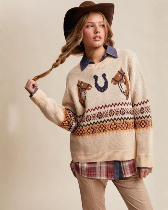 Western Horseshoe Sweater – Retro Cowboy Knit in Ecru