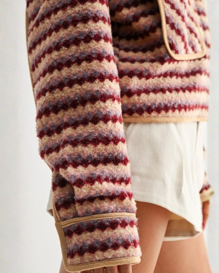 Retro Chevron Zip-Up Jacket – Burgundy Multi | Textured Vintage Style Outerwear