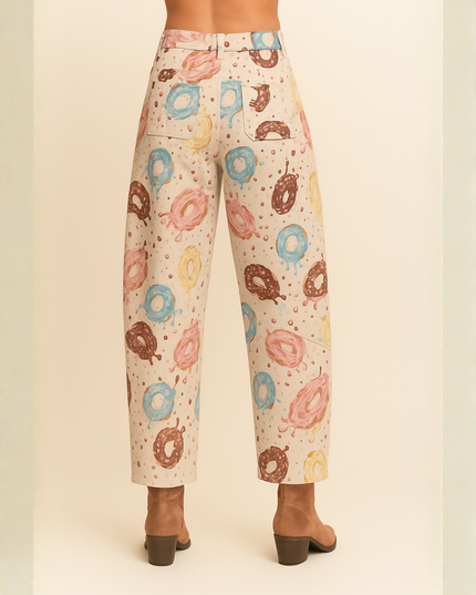 Retro Donut Print Wide-Leg Pants – Creative Streetwear Statement Trousers