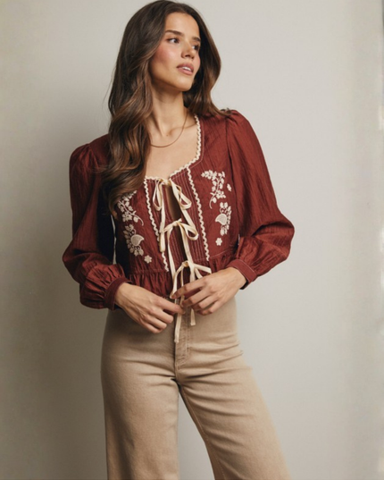 Embroidered Tie-Front Peplum Blouse with Puff Sleeves