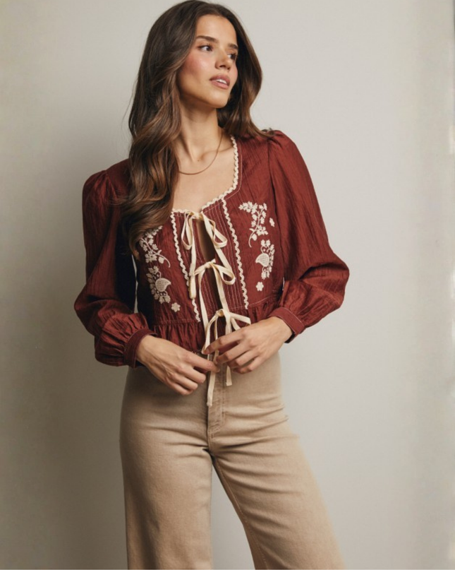 Embroidered Tie-Front Peplum Blouse with Puff Sleeves