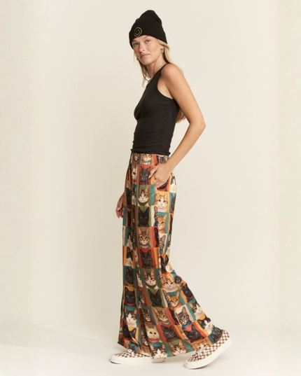 Cat Portrait Wide Leg Pants – Artistic Kitty Print, Flowy Lounge Fit, Quirky Statement Bottoms