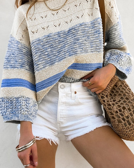 Light Blue Open Stitch Puff Sleeve Sweater – Elegant and Breezy