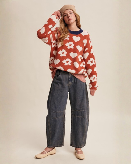 Heart & Flower Jacquard Knit Sweater – Retro Cozy Statement Pullover