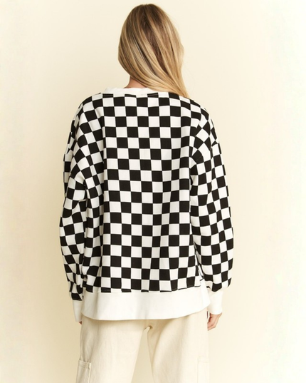 Oversized Checkered Sweatshirt – Geometric Chess Print Crewneck (Orange/White) | Trendy Streetwear Pullovers