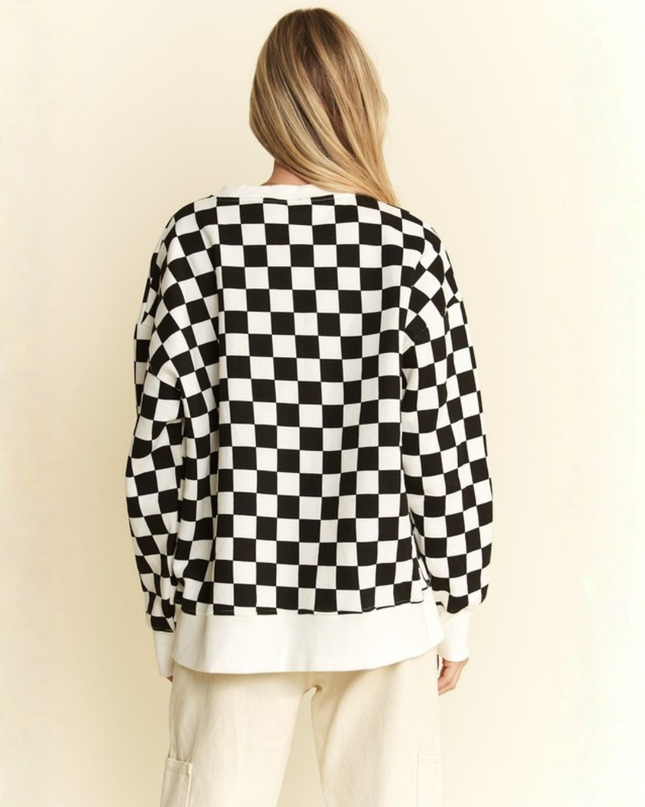 Oversized Checkered Sweatshirt – Geometric Chess Print Crewneck (Orange/White) | Trendy Streetwear Pullovers