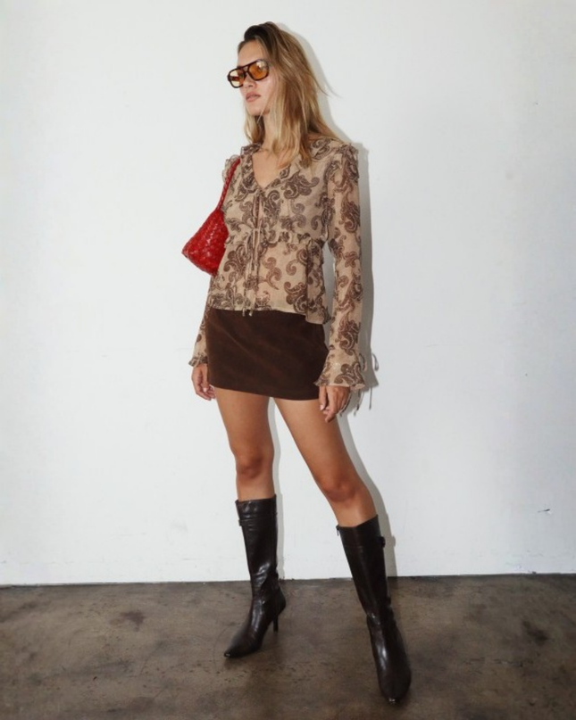 Paisley Tie-Front Ruffle Blouse – Vintage Tan