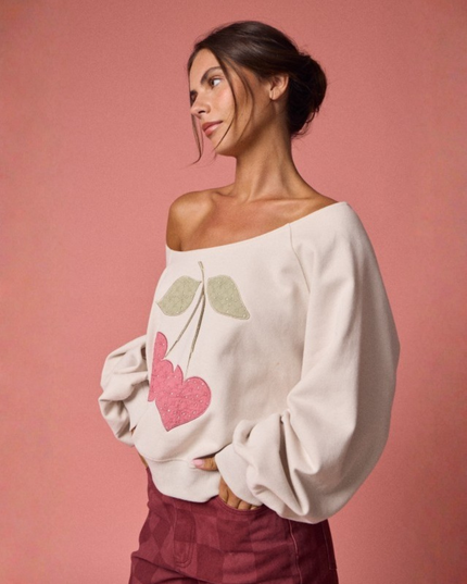 Cute Off-Shoulder Cherry Embroidered Pullover – Cozy Girl Style