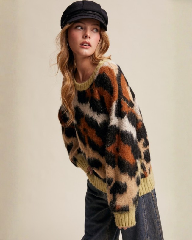 Fuzzy Abstract Leopard Knit Pullover