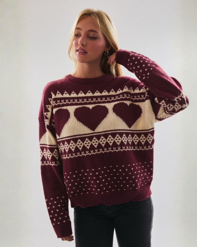 Heart Fair Isle Knit Sweater – Cozy Crewneck Pullover
