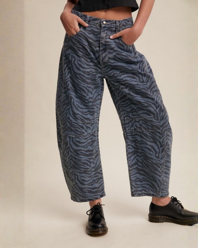 Zebra Print Barrel Jeans – High-Waist Loose Fit Denim