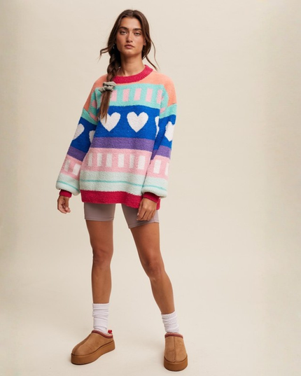 Colorblock Heart Striped Fuzzy Sweater – Retro Rainbow Cozy Knit