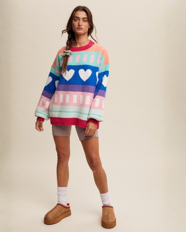 Colorblock Heart Striped Fuzzy Sweater – Retro Rainbow Cozy Knit
