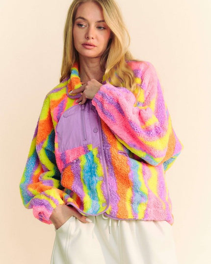 Fuzzy Multi Color Textured Zipper Pocket Jacket