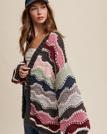 Wavy Colorblock Hand Crochet Knit Cardigan