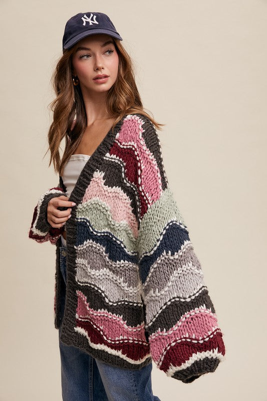 Wavy Colorblock Hand Crochet Knit Cardigan