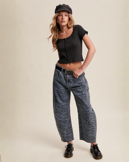 Zebra Print Barrel Jeans – High-Waist Loose Fit Denim