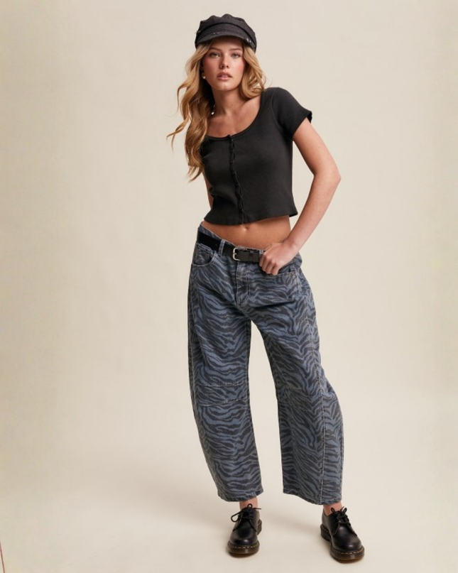 Zebra Print Barrel Jeans – High-Waist Loose Fit Denim