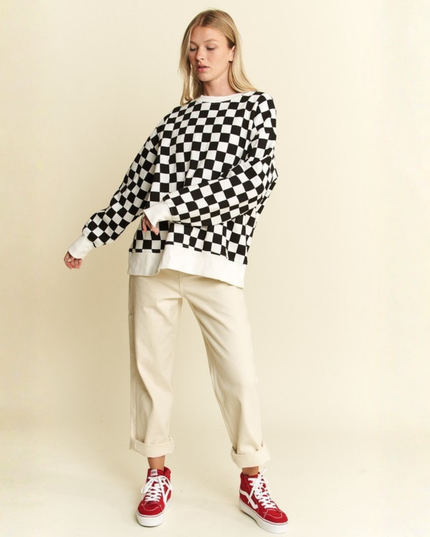 Oversized Checkered Sweatshirt – Geometric Chess Print Crewneck (Orange/White) | Trendy Streetwear Pullovers