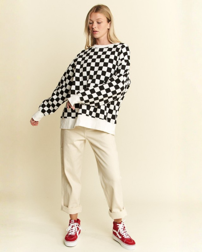Oversized Checkered Sweatshirt – Geometric Chess Print Crewneck (Orange/White) | Trendy Streetwear Pullovers
