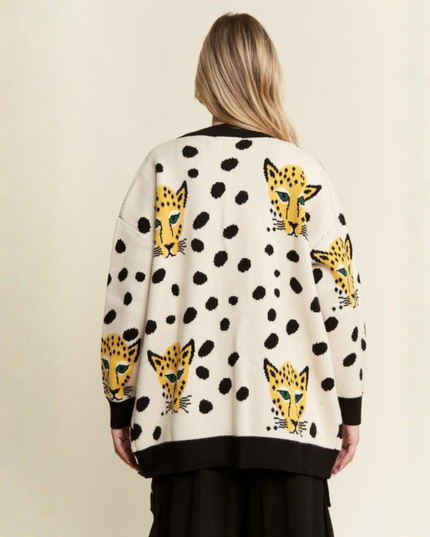 Leopard & Cheetah Graphic Knit Cardigan – Oversized Artsy Statement Sweater