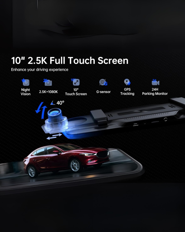 Smart  Mirror with Front & Rear Camera, 2.5K Touchscreen, GPS & 16GB SD Card