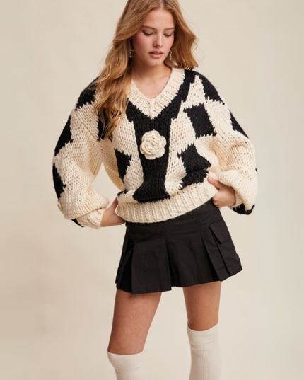 Chunky V-Neck Sweater with 3D Crochet Flower