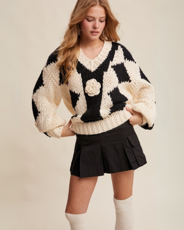 Chunky V-Neck Sweater with 3D Crochet Flower