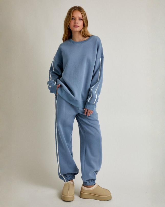 Dusty Blue Lace Trim Sweatshirt – Effortless Cool Meets Soft Street Style