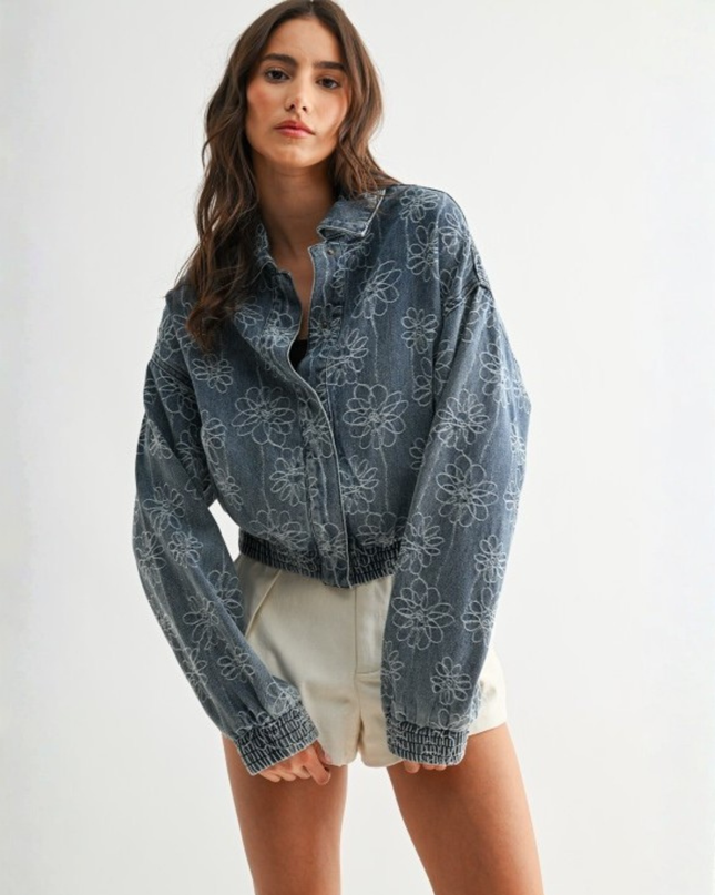 Embroidered Denim Flower Jacket — Retro Cropped Streetwear