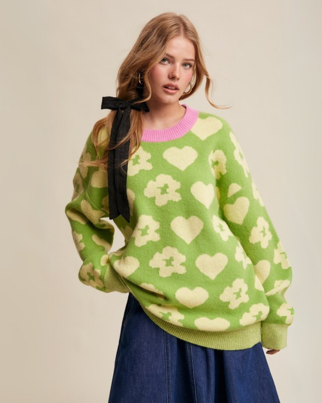 Heart & Bloom Jacquard Knit Pullover – Pistachio