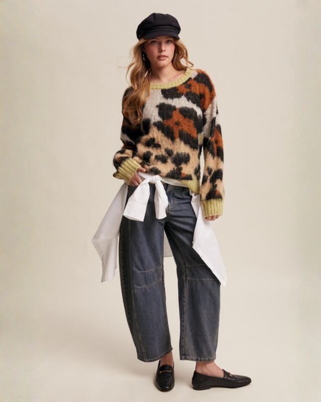 Fuzzy Abstract Leopard Knit Pullover