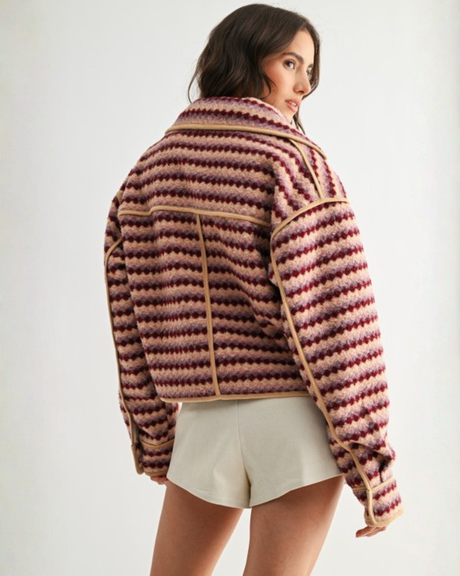 Retro Chevron Zip-Up Jacket – Burgundy Multi | Textured Vintage Style Outerwear