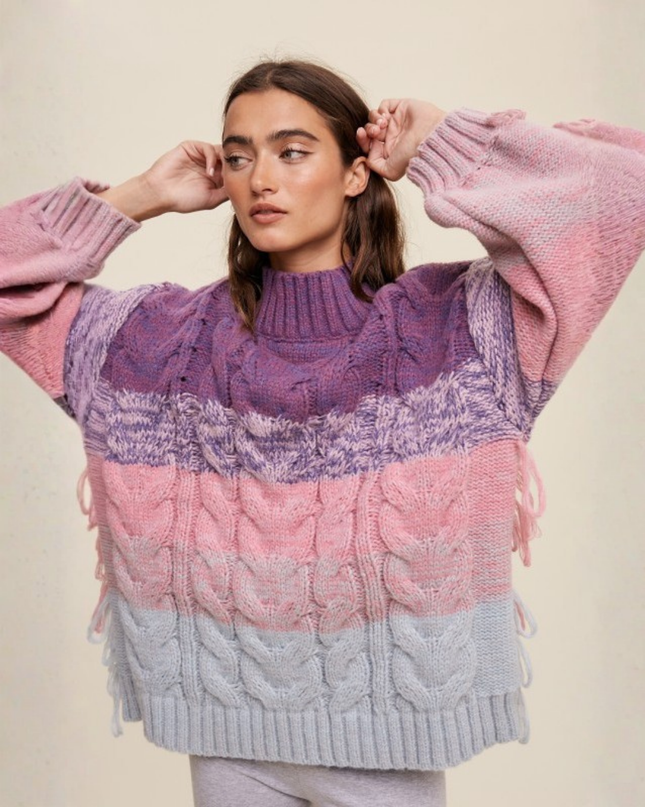 Colorblock Fringe Cable Knit Sweater