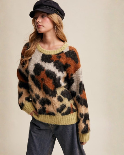 Fuzzy Abstract Leopard Knit Pullover