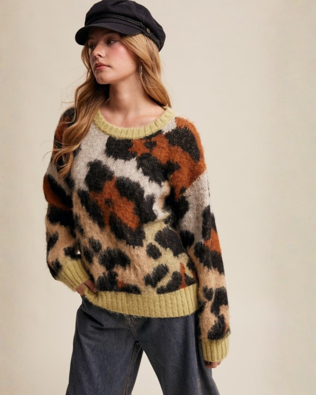 Fuzzy Abstract Leopard Knit Pullover