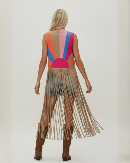 Coachella-Inspired Boho Fringe Vest – Retro Sunset Knit with Western Cowboy Vibes