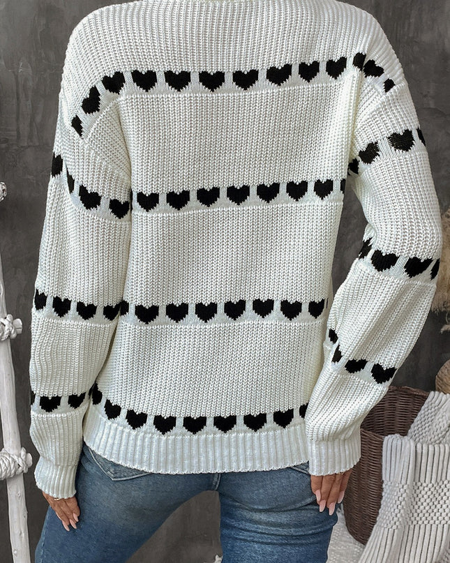 White Contrast Heart Pattern Crew Neck Sweater