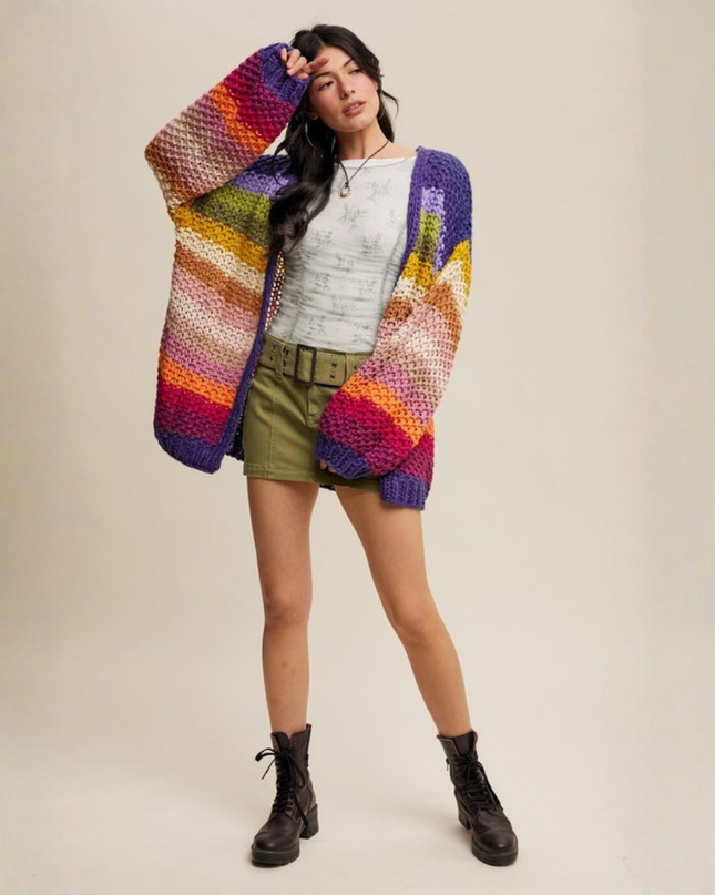 Rainbow Hand-Crochet Chunky Knit Cardigan