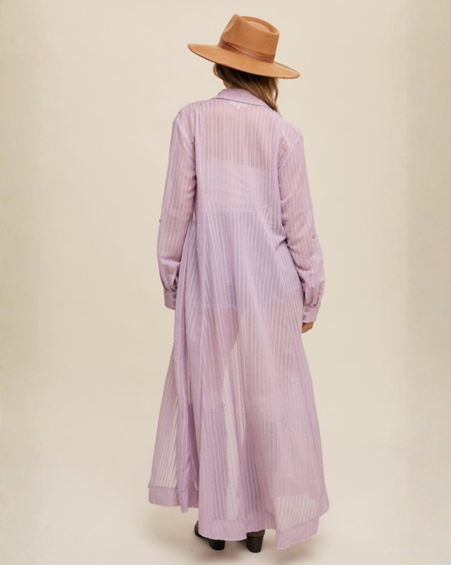 Sheer Striped Maxi Shirt Dress – Boho Layering Duster