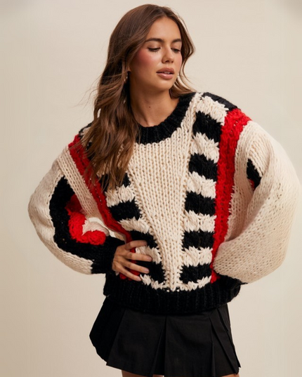 V-striped Chunky Knit Handmade Sweater