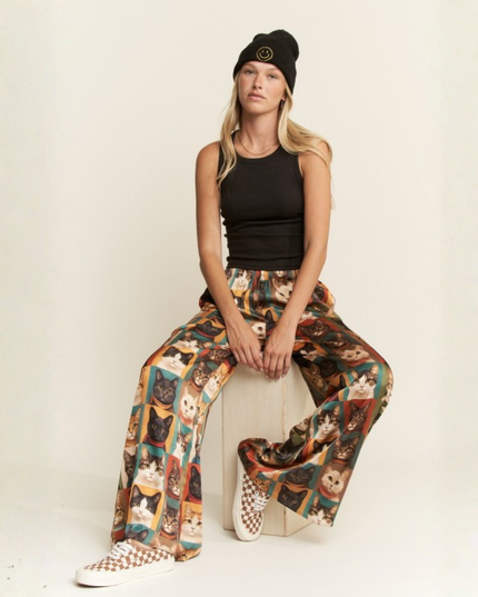 Cat Portrait Wide Leg Pants – Artistic Kitty Print, Flowy Lounge Fit, Quirky Statement Bottoms