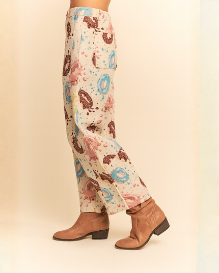 Retro Donut Print Wide-Leg Pants – Creative Streetwear Statement Trousers