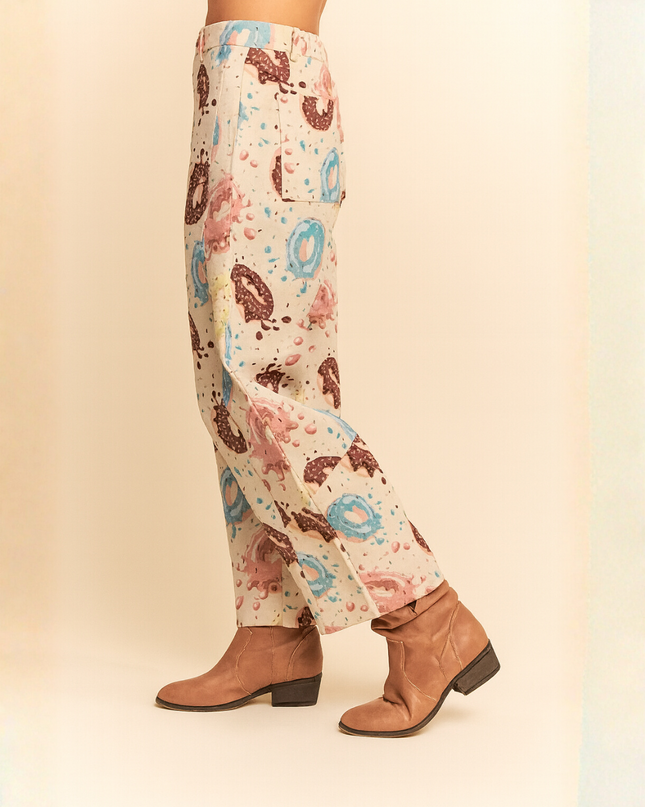 Retro Donut Print Wide-Leg Pants – Creative Streetwear Statement Trousers