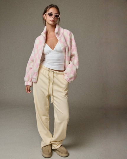 Oversized Checkerboard Sherpa Jacket – Cozy Zip Up Fleece